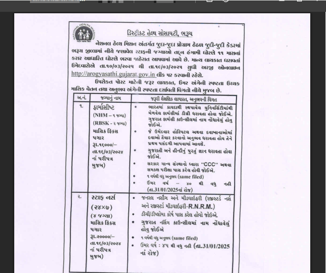 ડિસ્ટ્રીક્ટ હેલ્થ સોસાયટી ભરૂચમાં ભરતી